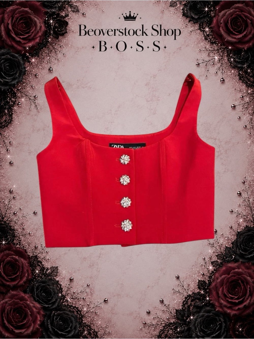 Like New ZARA Red Bustier Top with Rhinestone Buttons - Size Small